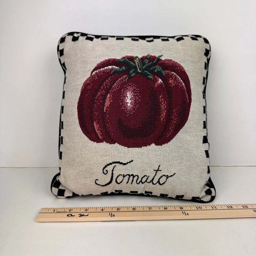 Vtg Needlepoint Tomato Decorative Pillow Checkered Border about 13.5x13in‎ READ